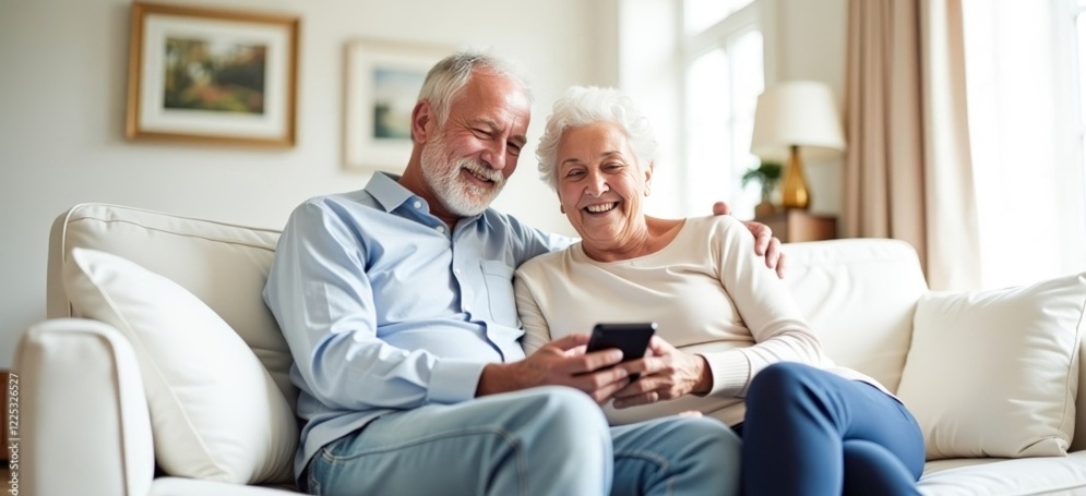 Older couple using smartphone comfortably